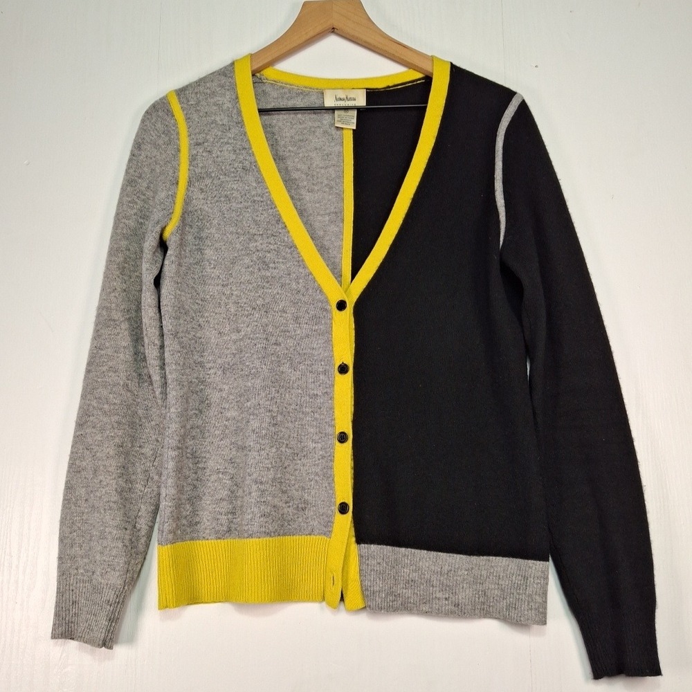 Neiman Marcus Cashmere Cardigan Sweater Womens M Colorblock Grey Black Yellow